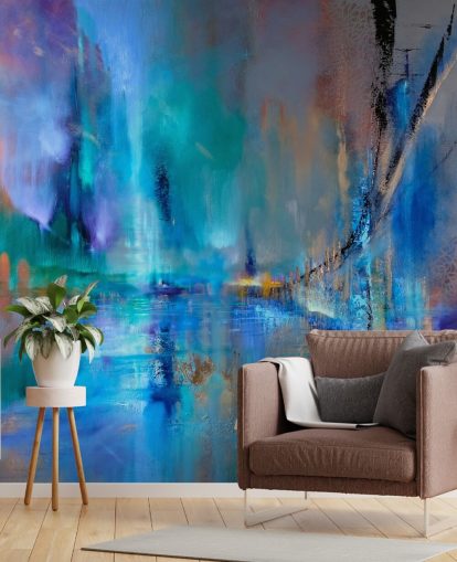 abstract blue painting of bridge wallpaper