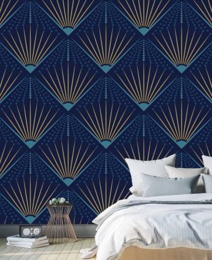 gold colour and blue wallpaper