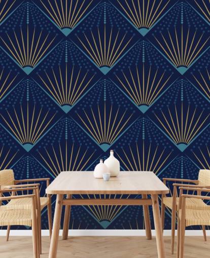 goudkleurig en blauw behang