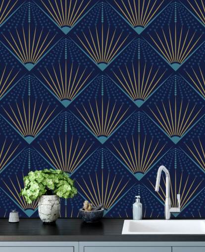 Goldfarbene und blaue Tapete