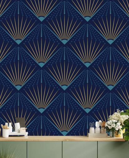cor dourada e papel de parede azul