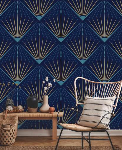 gold colour and blue wallpaper