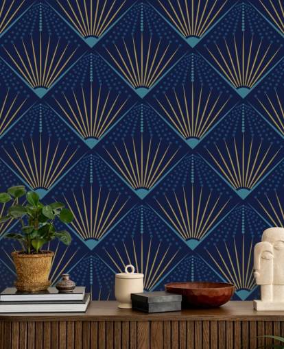 cor dourada e papel de parede azul