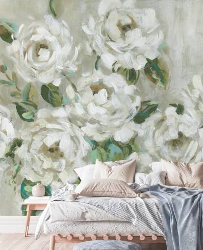 papel pintado floral verde salvia y blanco roto