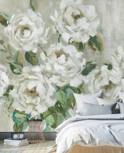 saliegroen en gebroken wit bloemenbehang