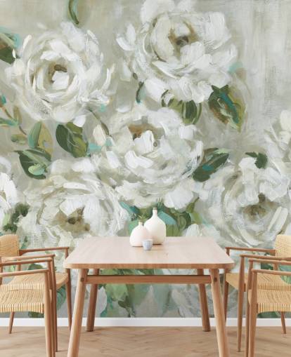 salvie grøn og off white blomster tapet