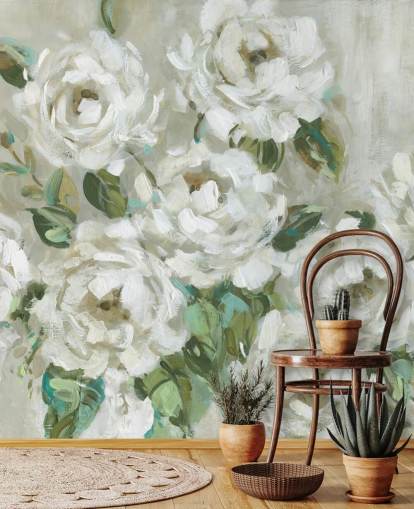 papier peint à fleurs vert sauge et blanc cassé