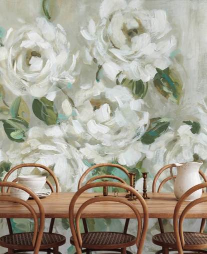 salvie grøn og off white blomster tapet