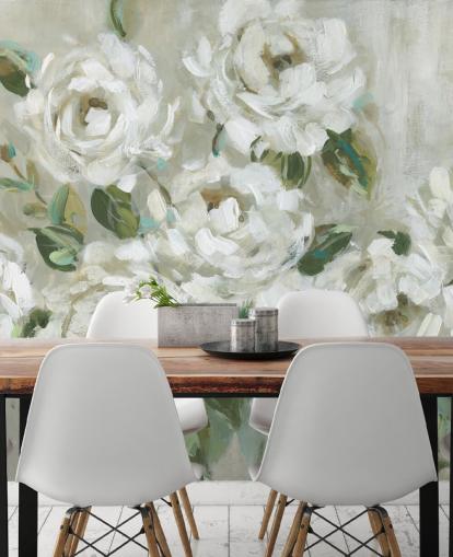 papel pintado floral verde salvia y blanco roto