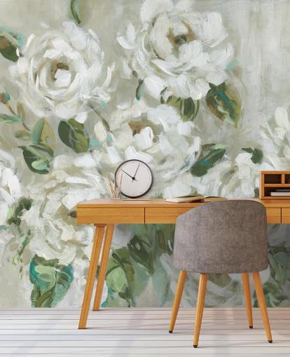 papel pintado floral verde salvia y blanco roto