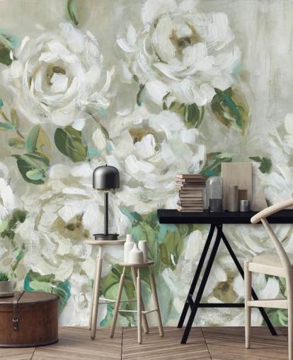 carta da parati floreale verde salvia e bianco sporco