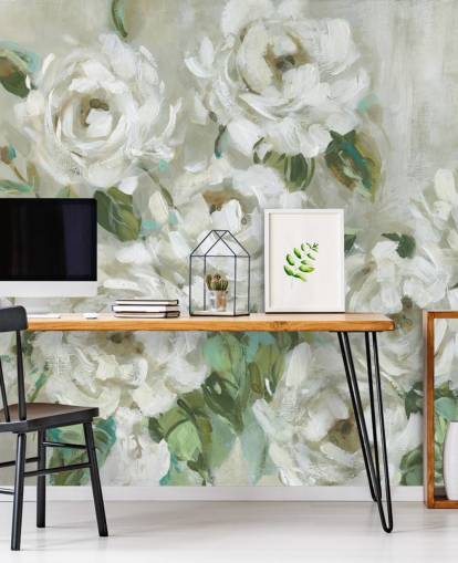 papel de parede floral verde sálvia e branco