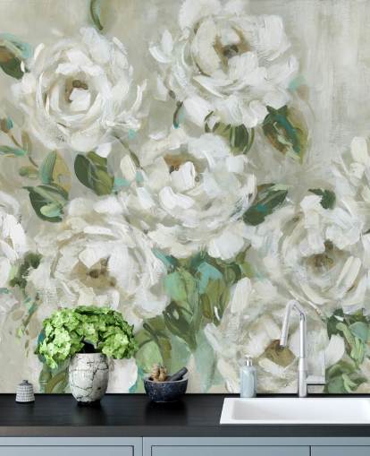 papel de parede floral verde sálvia e branco