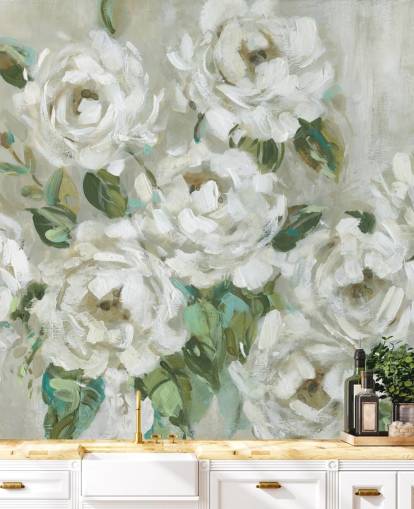 salvie grøn og off white blomster tapet