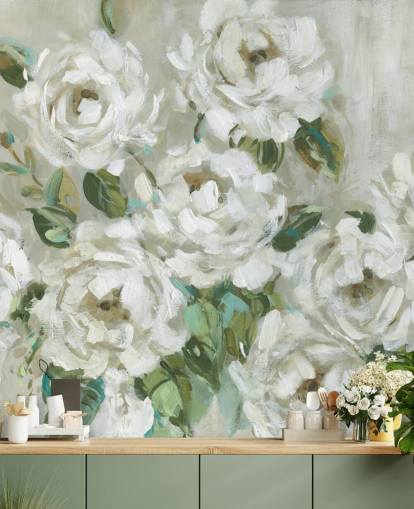 papier peint à fleurs vert sauge et blanc cassé