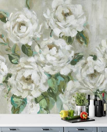 carta da parati floreale verde salvia e bianco sporco