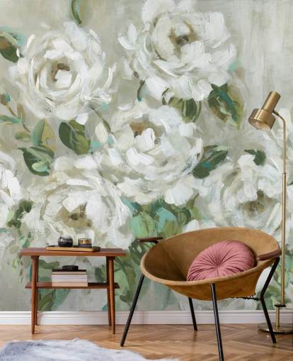 sage green and off white floral wallpaper