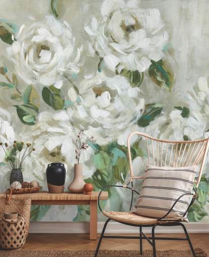 papier peint à fleurs vert sauge et blanc cassé