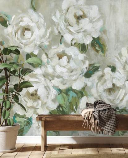 papel pintado floral verde salvia y blanco roto