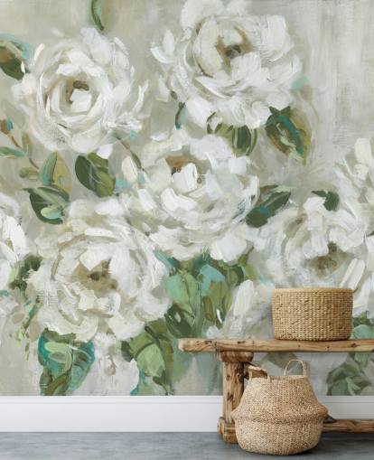 salvie grøn og off white blomster tapet