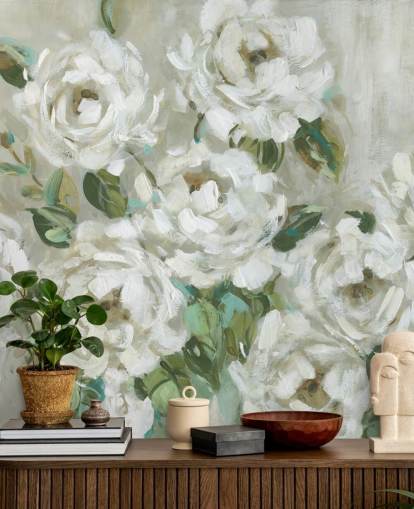 papel de parede floral verde sálvia e branco