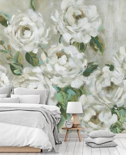 salvie grøn og off white blomster tapet