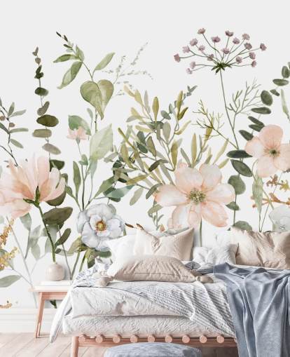 pastellin vaaleanpunainen ja vihreä kukka-taustakuvamaalaus nimeltä Botanical Sketchbook oleskelutiloihin, lastentarhoihin ja makuuhuoneisiin