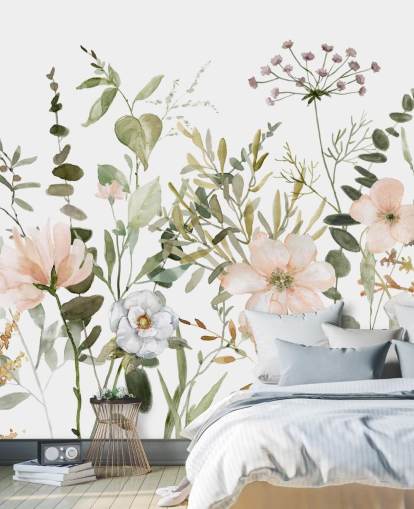 pastel pink and green floral wallpaper mural called Botanical Sketchbook for lounges, nurseries and bedrooms pastel pink and green floral wallpaper mural called Botanical Sketchbook for lounges, nurseries and bedrooms