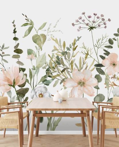 pastellrosa og grønt blomstertapet vægmaleri kaldet Botanical Sketchbook til lounger, planteskoler og soveværelser