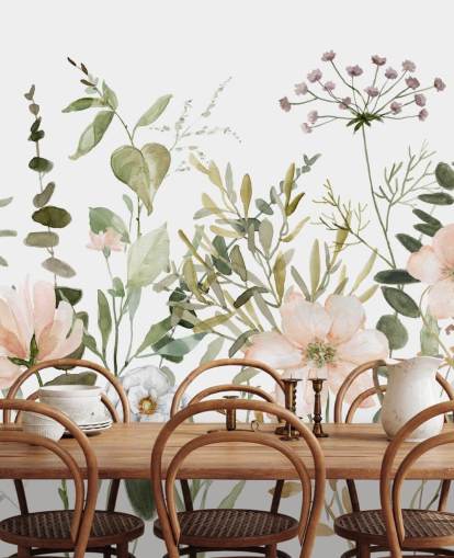 pastellin vaaleanpunainen ja vihreä kukka-taustakuvamaalaus nimeltä Botanical Sketchbook oleskelutiloihin, lastentarhoihin ja makuuhuoneisiin