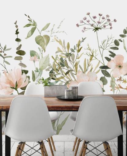 pastel pink and green floral wallpaper mural called Botanical Sketchbook for lounges, nurseries and bedrooms