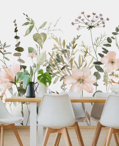 pastellrosa och grön blommig tapetväggmålning kallad Botanical Sketchbook för lounger, plantskolor och sovrum