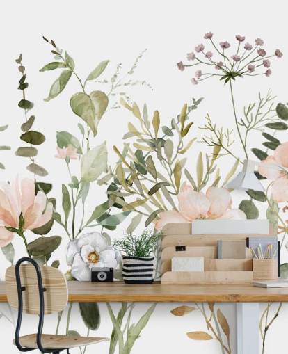 pastelroze en groene bloemenbehangmuurschildering genaamd Botanical Sketchbook voor lounges, kinderdagverblijven en slaapkamers