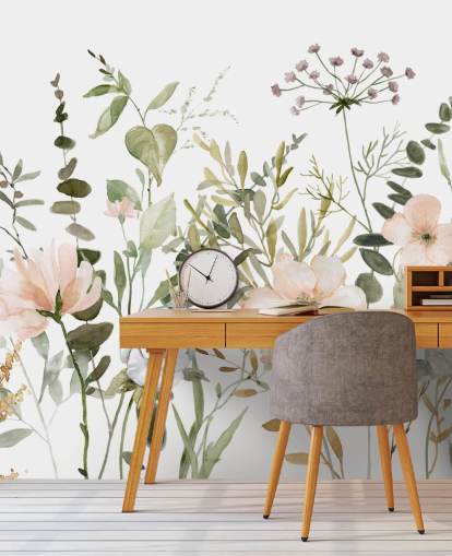 pastellrosa och grön blommig tapetväggmålning kallad Botanical Sketchbook för lounger, plantskolor och sovrum pastellrosa och grön blommig tapetväggmålning kallad Botanical Sketchbook för lounger, plantskolor och sovrum