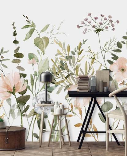 mural de papel pintado floral rosa y verde pastel llamado Botanical Sketchbook para salones, guarderías y dormitorios