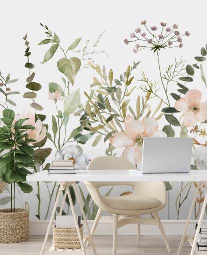 pastellrosa und grüne Blumentapete namens Botanical Sketchbook für Lounges, Kinderzimmer und Schlafzimmer