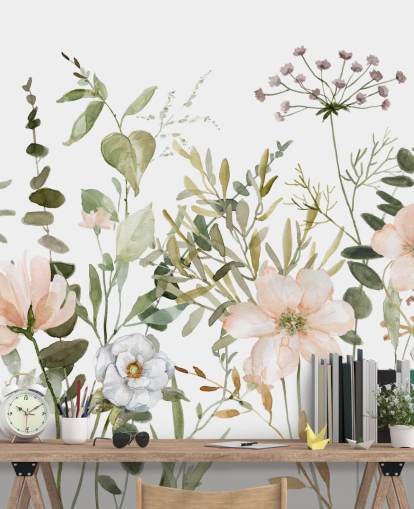 mural de papel pintado floral rosa y verde pastel llamado Botanical Sketchbook para salones, guarderías y dormitorios