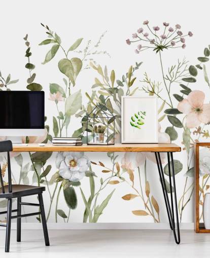 pastel pink and green floral wallpaper mural called Botanical Sketchbook for lounges, nurseries and bedrooms