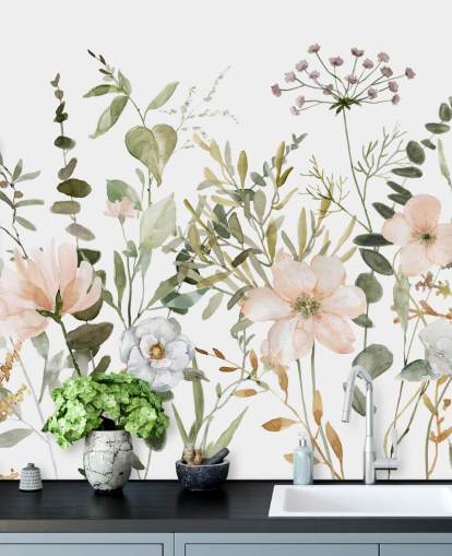 pastel pink and green floral wallpaper mural called Botanical Sketchbook for lounges, nurseries and bedrooms