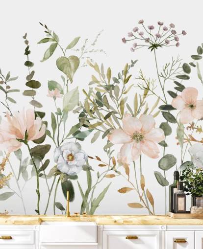 pastel pink and green floral wallpaper mural called Botanical Sketchbook for lounges, nurseries and bedrooms