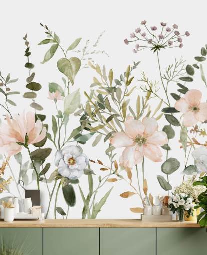pastellrosa og grønt blomstertapet veggmaleri kalt Botanical Sketchbook for salonger, barnehager og soverom pastellrosa og grønt blomstertapet veggmaleri kalt Botanical Sketchbook for salonger, barnehager og soverom