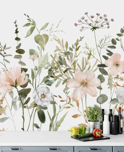 mural de papel de parede floral rosa pastel e verde chamado Botanical Sketchbook para salões, creches e quartos