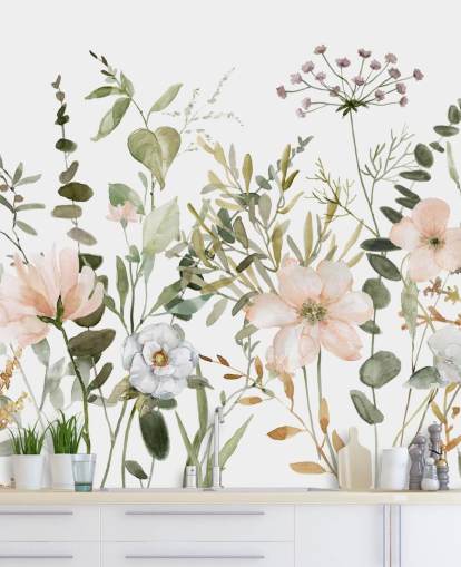 pastellrosa och grön blommig tapetväggmålning kallad Botanical Sketchbook för lounger, plantskolor och sovrum