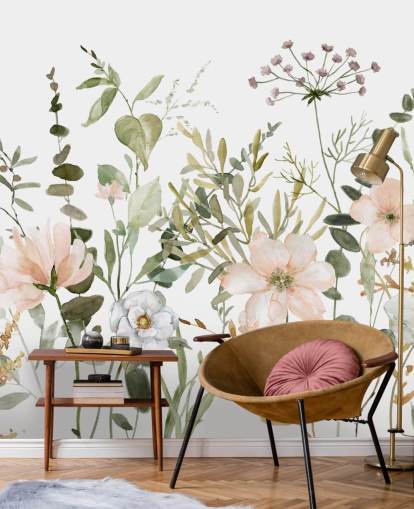 pastel pink and green floral wallpaper mural called Botanical Sketchbook for lounges, nurseries and bedrooms