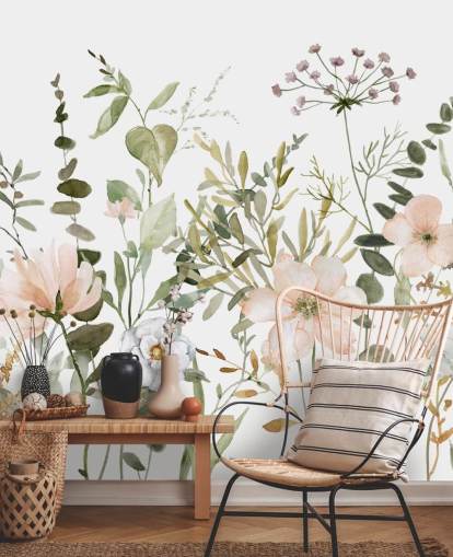 pastellrosa und grüne Blumentapete namens Botanical Sketchbook für Lounges, Kinderzimmer und Schlafzimmer pastellrosa und grüne Blumentapete namens Botanical Sketchbook für Lounges, Kinderzimmer und Schlafzimmer