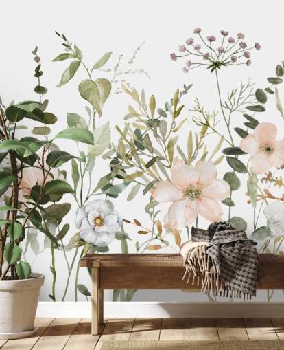 pastelroze en groene bloemenbehangmuurschildering genaamd Botanical Sketchbook voor lounges, kinderdagverblijven en slaapkamers