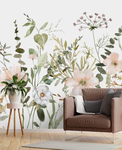 pastellrosa und grüne Blumentapete namens Botanical Sketchbook für Lounges, Kinderzimmer und Schlafzimmer