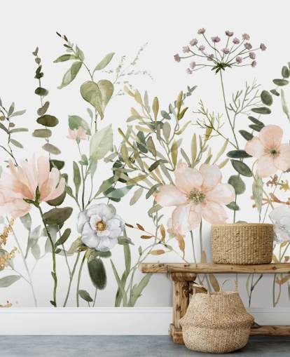 pastellrosa og grønt blomstertapet vægmaleri kaldet Botanical Sketchbook til lounger, planteskoler og soveværelser