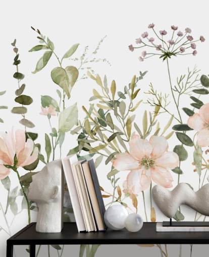 pastel pink and green floral wallpaper mural called Botanical Sketchbook for lounges, nurseries and bedrooms