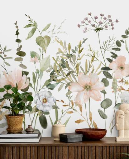 papier peint floral rose pastel et vert appelé Botanical Sketchbook pour les salons, les crèches et les chambres